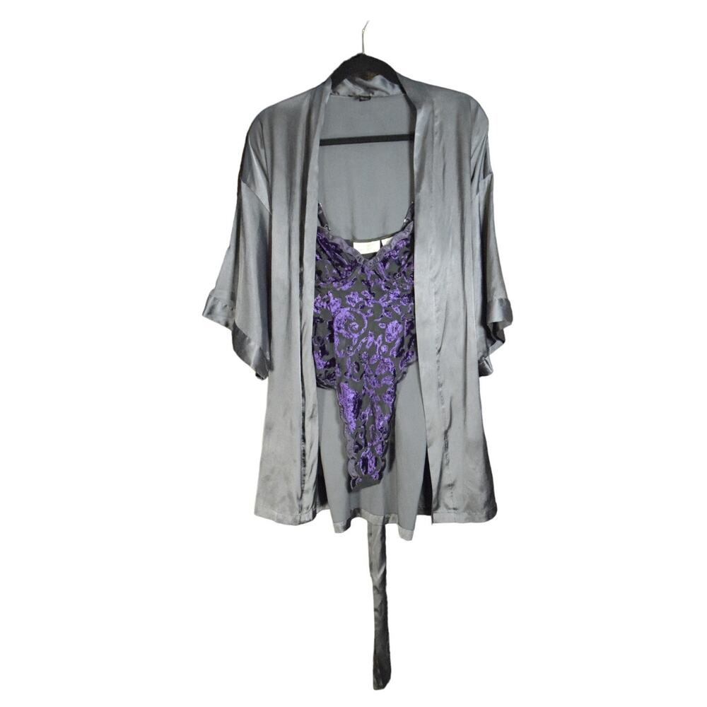 Victoria Secret Slate Gray Robe Sz S & Purple/Black Lace 36C Teddy Lingerie Set